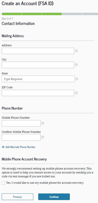FSA ID Application Address and Phone Number Screen
