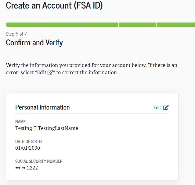 FSA Confirm & Verify Information Screenshot