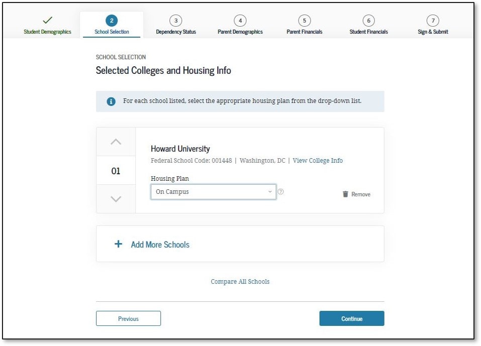 FAFSA 2022-2023 College Housing Selection Screen