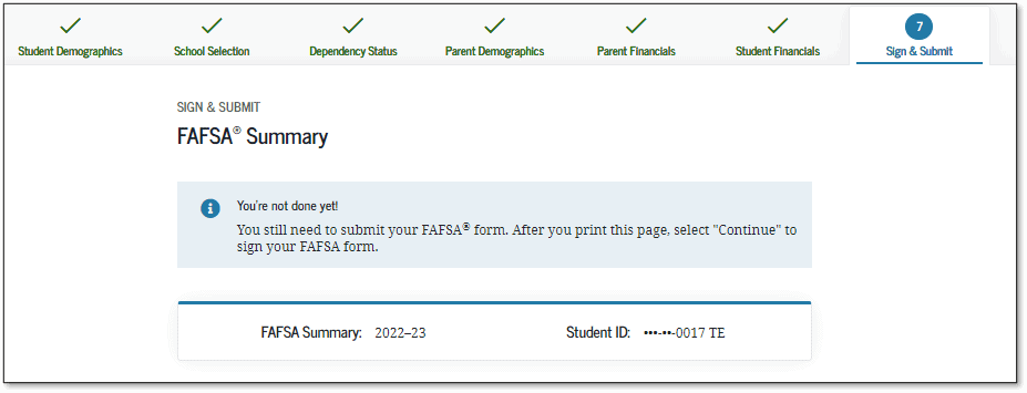 FAFSA 2022-2023 Submit Application Screen
